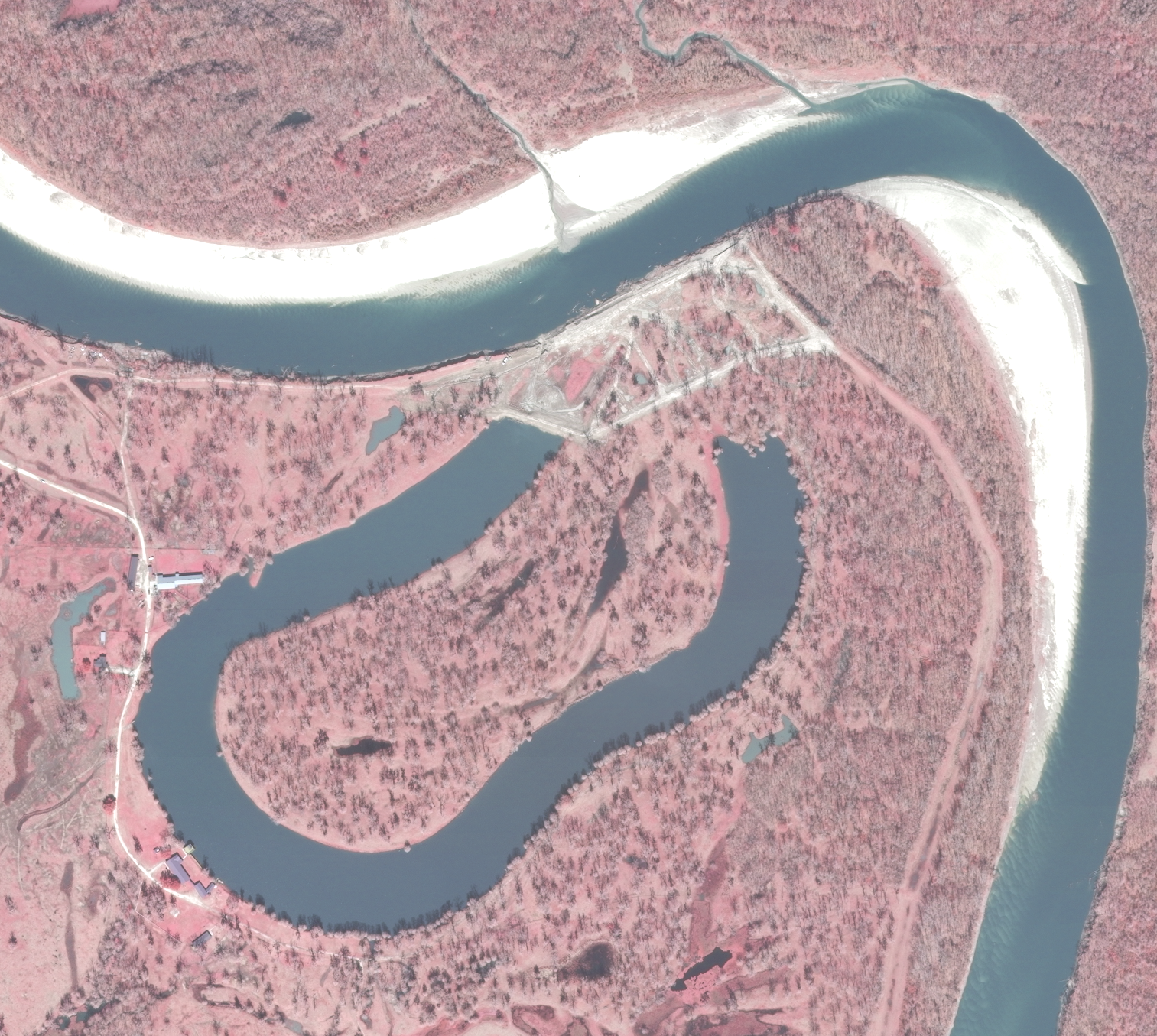 Satellite view of a river meandering through a landscape